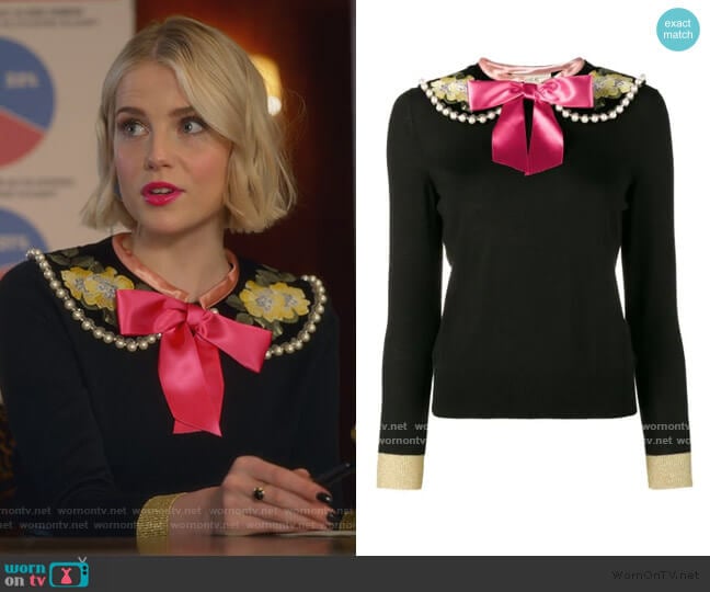 Fitted Jumper with Floral Embroidery and Pearl Embellishment by Gucci worn by Astrid (Lucy Boynton) on The Politician