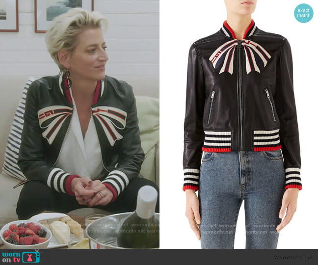Trompe l'Oeil Bow Nappa Leather Bomber Jacket by Gucci worn by Dorinda Medley  on The Real Housewives of New York City