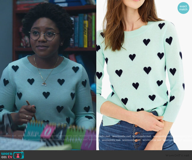 Everyday Cashmere Crewneck Sweater With Intarsia Knit Hearts by J. Crew worn by Beth Chapel (Anjelika Washington) on Stargirl