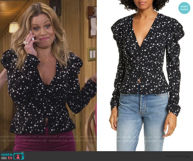 Star Print Blouse by Jonathan Simkhai worn by Stephanie Tanner (Jodie Sweetin) on Fuller House