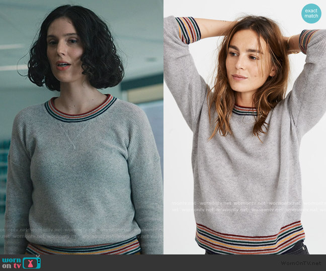 Rainbow-Trim Cashmere Sweatshirt by Madewell worn by Eva Victor on Billions