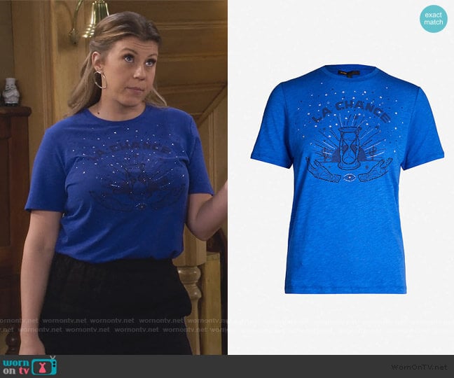 Talia embellished-print jersey T-shirt by Maje worn by Stephanie Tanner (Jodie Sweetin) on Fuller House