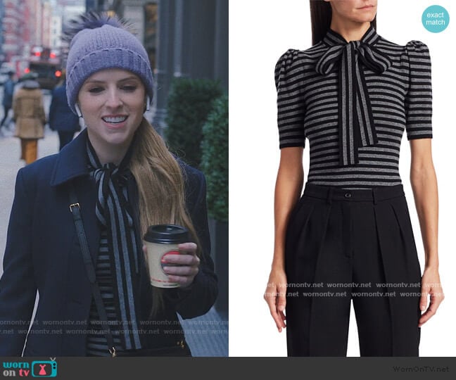 Striped Cashmere Knit Puff-Sleeve Bow Blouse by Michael Kors worn by Darby (Anna Kendrick) on Love Life