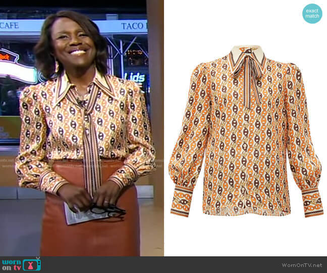 WornOnTV: Deborah's chain print tie neck blouse on Good Morning America, Deborah Roberts