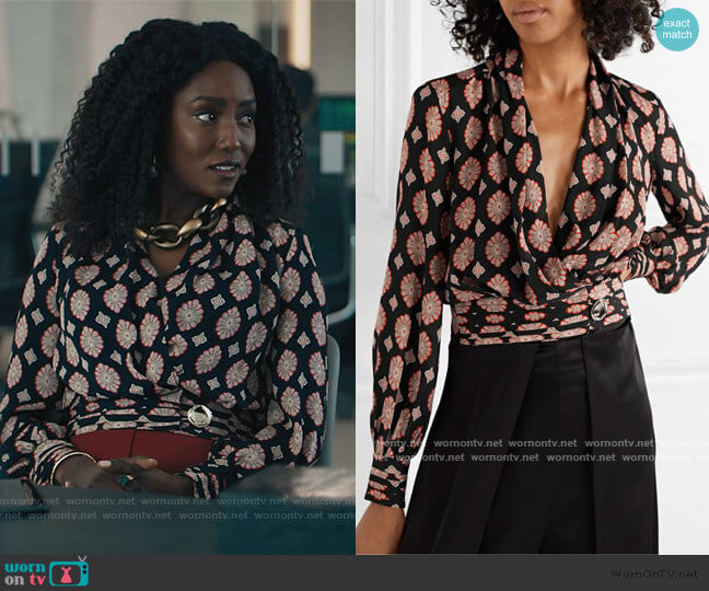 WornOnTV: Lauren’s black printed wrap blouse on Billions | Jade Eshete ...