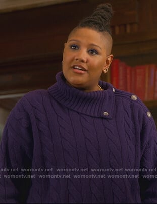 Sky’s purple cable knit button embellished sweater on The Politician