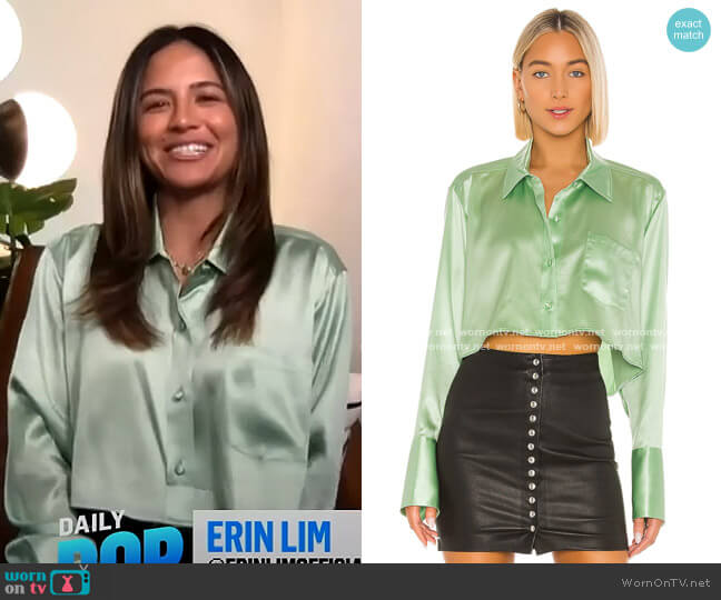 Shine Wash and Go Cropped Satin Blouse by T by Alexander Wang worn by Erin Lim on E! News