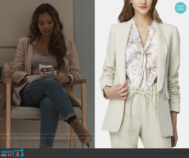 Ruched-Sleeve Shawl-Lapel Jacket by Tahari ASL worn by Jessica Davis (Alisha Boe) on 13 Reasons Why