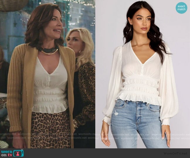 Vacay Now Smocked Waist Blouse by Windsor worn by Luann de Lesseps on The Real Housewives of New York City