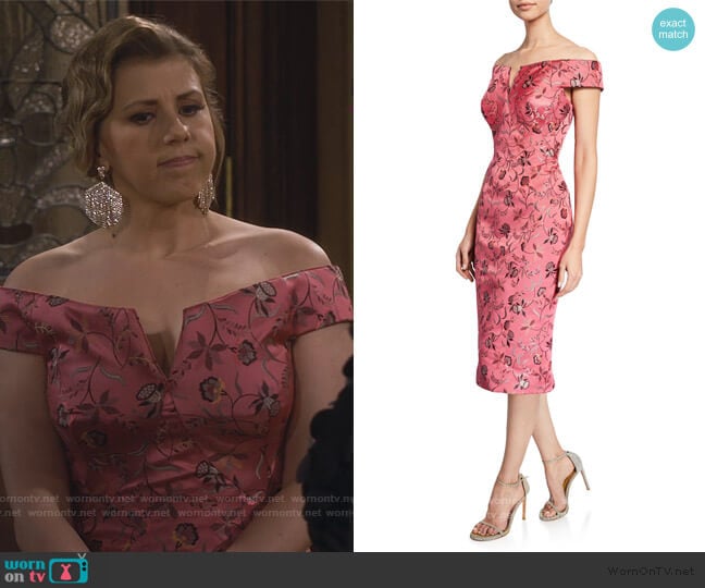 Off The Shoulder Jacquard Dress by Zac Posen worn by Stephanie Tanner (Jodie Sweetin) on Fuller House