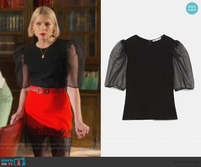 Organza Sleeve Top by Zara worn by Astrid (Lucy Boynton) on The Politician