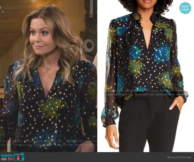 Beatrix Floral Metallic Dot Silk Blouse by A.L.C. worn by DJ Tanner-Fuller (Candace Cameron Bure) on Fuller House