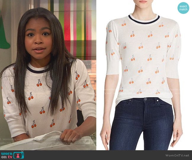 Puff-Sleeve Cherry Print Top by Aqua worn by Nia Baxter (Navia Robinson) on Ravens Home