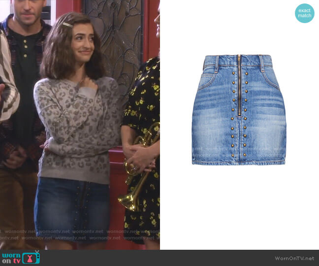 Studded Denim Mini Skirt by BCBGeneration worn by Ramona Gibbler (Soni Nicole Bringas) on Fuller House