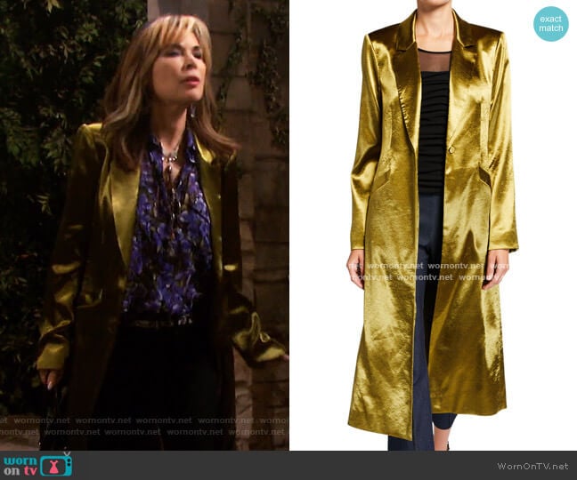 Vicky Satin Long Coat by Cinq a Sept worn by Kate Roberts (Lauren Koslow) on Days of our Lives