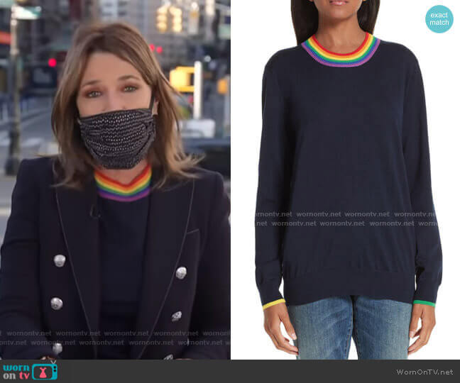 Dales Rainbow Trim Merino Wool Sweater by Burberry worn by Savannah Guthrie on Today