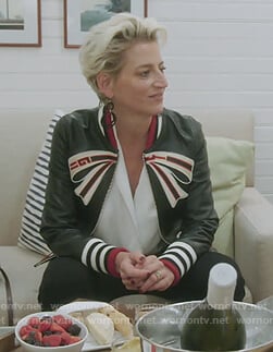 Dorinda's black leather bow bomber jacket on The Real Housewives of New York City