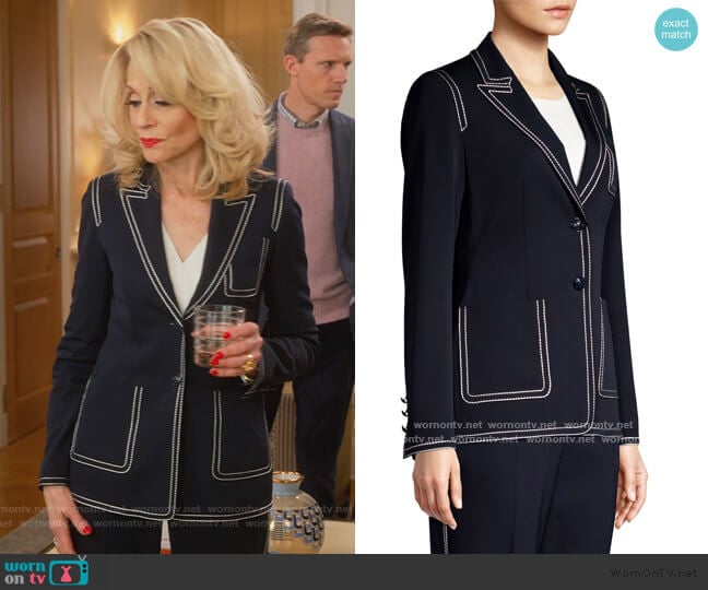 Begastut Embroidered Trim Two-Button Blazer by Escada worn by Dede Standish (Judith Light) on The Politician