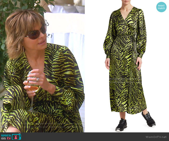 Stretch Silk Satin Tiger-Stripe Wrap Dress by Ganni worn by Lisa Rinna on The Real Housewives of Beverly Hills