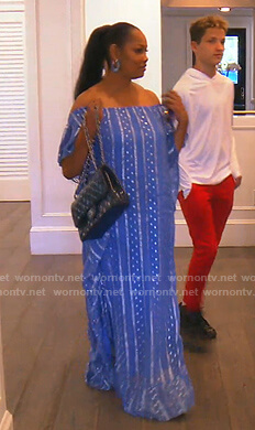 Garcelle’s blue metallic print maxi dress on The Real Housewives of Beverly Hills