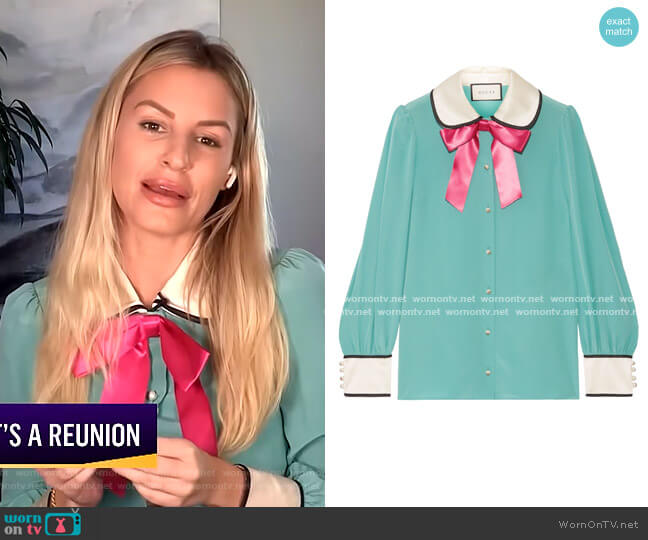 Bow-Embellished Satin-Trimmed Blouse by Gucci worn by Morgan Stewart on E! News