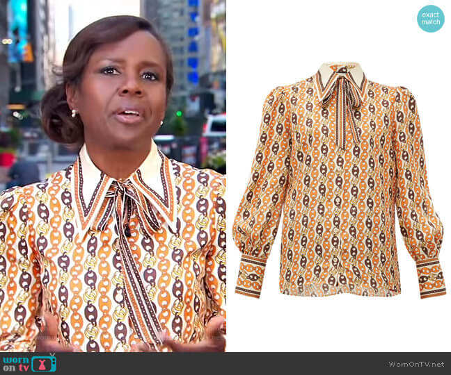 WornOnTV: Deborah’s chain print tie neck blouse on Good Morning America