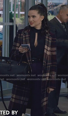 Jane's black keyhole top and plaid wool coat on The Bold Type