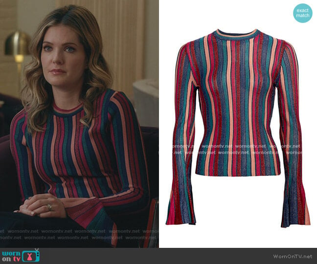 Metallic Stripe Bell-Sleeve Top by Jonathan Simkhai worn by Sutton (Meghann Fahy) on The Bold Type