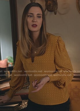 Joy’s yellow dotted v-neck blouse on Good Witch