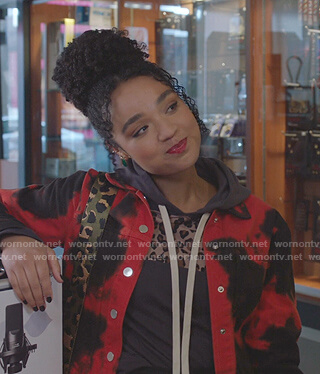 Kat's leopard hoodie and red tie dye jacket on The Bold Type