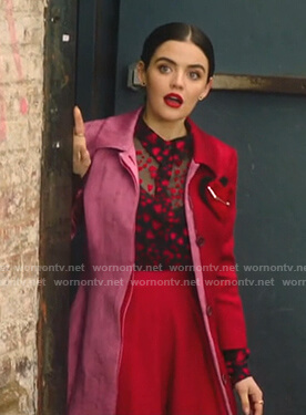Katy’s heart blouse and pink two-tone coat on Katy Keene