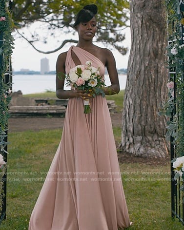 Kiesha's pink twisted one shoulder dress on The Chi