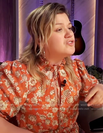 Kelly’s red floral ruffle dress on The Kelly Clarkson Show