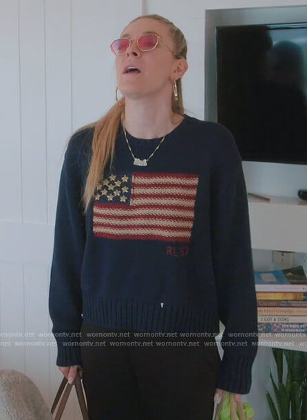Leah's navy American flag sweater on The Real Housewives of New York City