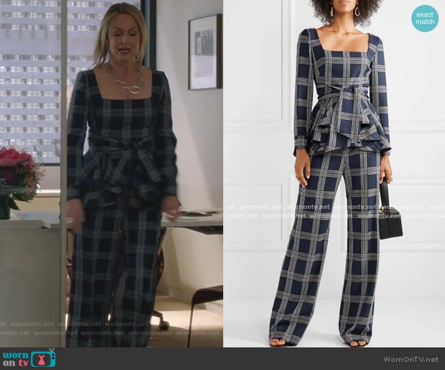 Belted Checked Woven Peplum Blouse and PAnts by Lela Rose worn by Jacqueline (Melora Hardin) on The Bold Type