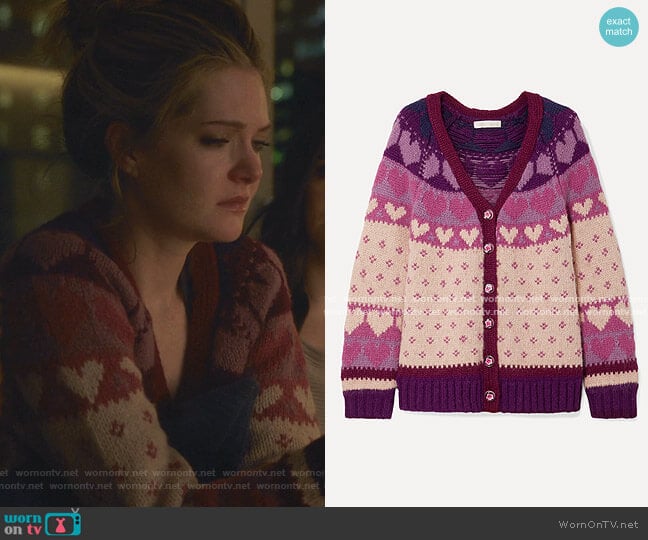 Deena Intarsia-Knit Cardigan by Loveshackfancy worn by Sutton (Meghann Fahy) on The Bold Type