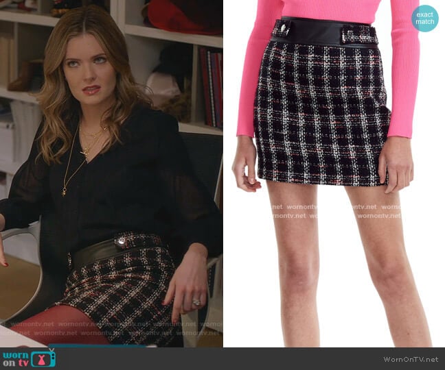 Jisido Faux Leather Detail Tweed Miniskirt by Maje worn by Sutton (Meghann Fahy) on The Bold Type