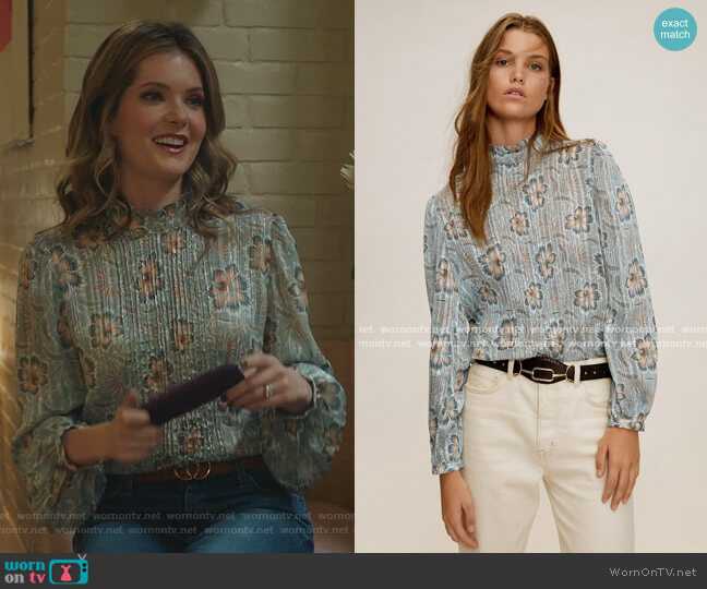 Pleated Metallic Blouse by Mango worn by Sutton (Meghann Fahy) on The Bold Type