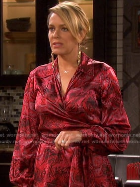 Nicole’s red print satin wrap dress on Days of our Lives