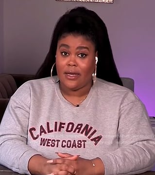 Nina’s grey California West Coast sweatshirt on E! News Nightly Pop