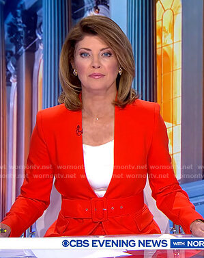 Norah’s red lapelless blazer on CBS Evening News