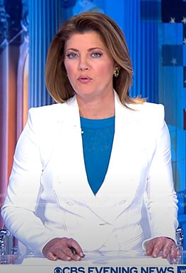 Norah’s white blazer with contrast stitching on CBS Evening News