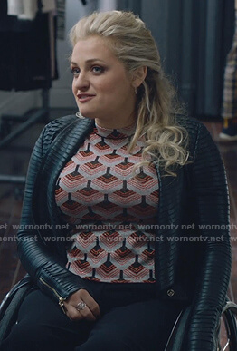 Olivia’s geometric print top and leather jacket on The Bold Type