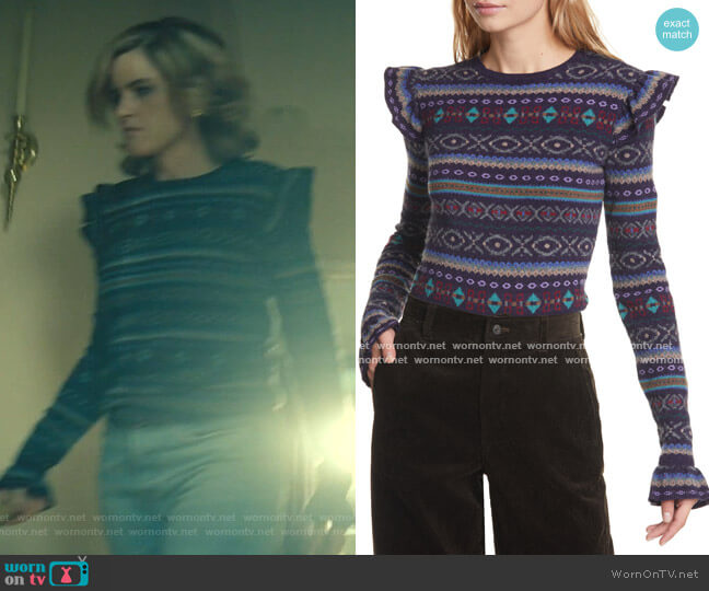 Fair Isle Ruffle Sleeve Merino Wool Blend Sweater by Ralph Lauren worn by Betty Broderick (Amanda Peet) on Dirty John