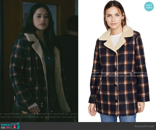 Check Sherpa Coat by Rolla's worn by Liz Ortecho (Jeanine Mason) on Roswell New Mexico