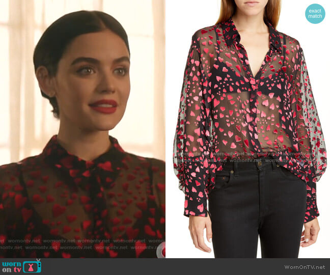 Joana Metallic Silk Jacquard Shirt by Saloni worn by Katy Keene (Lucy Hale) on Katy Keene