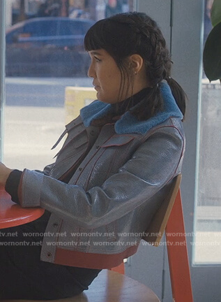 Sara’s blue leather shearling jacket on Love Life