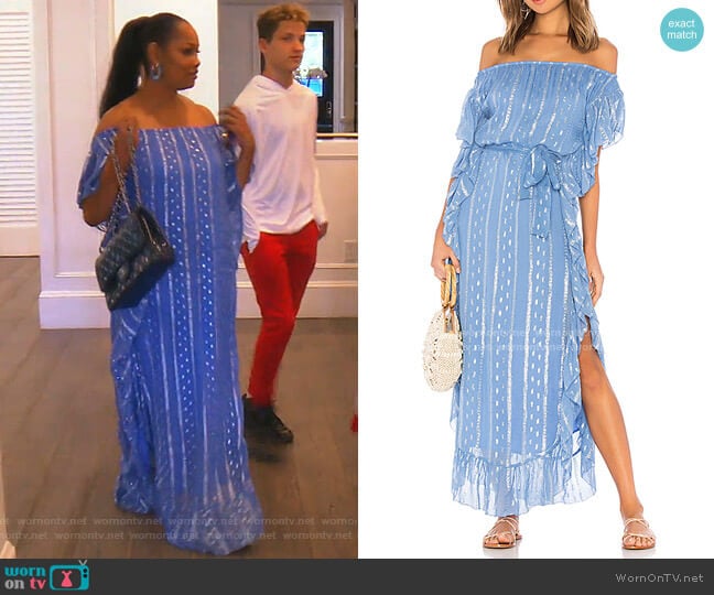 Ruffled Metallic-Print Maxi Dress by Saylor worn by Garcelle Beauvais on The Real Housewives of Beverly Hills