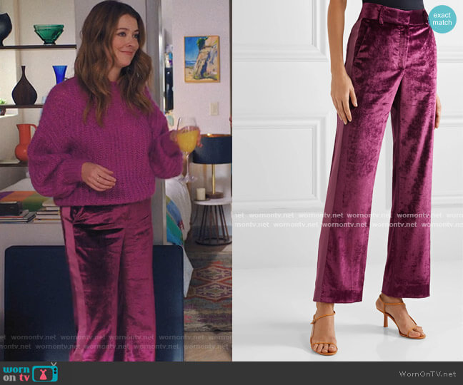 Sonya Crushed-Velvet Pants by Sies Marjan worn by Nadia Quinn on Love Life