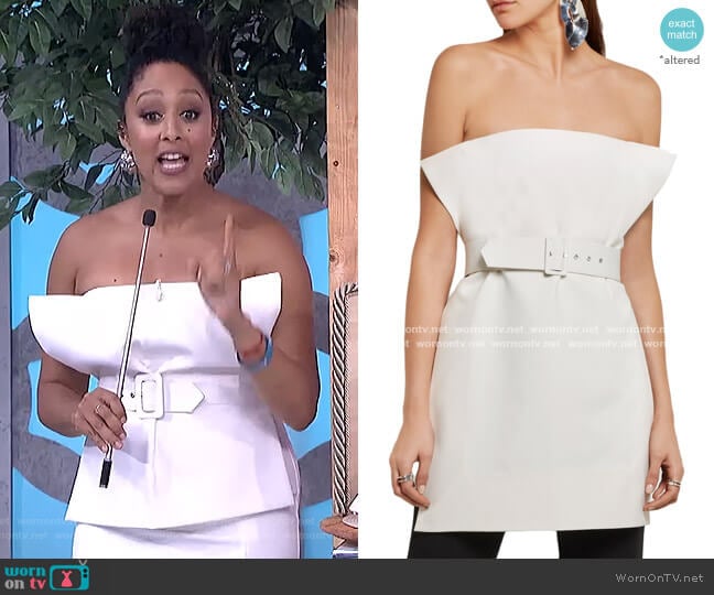 Ammie Strapless Belted Crepe Top by Solace London  worn by Tamera Mowry on The Real